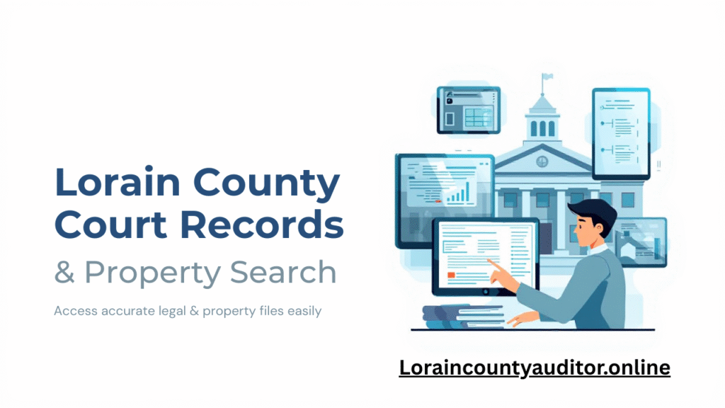 Lorain County Auditor office building with people searching court docket records on computers.