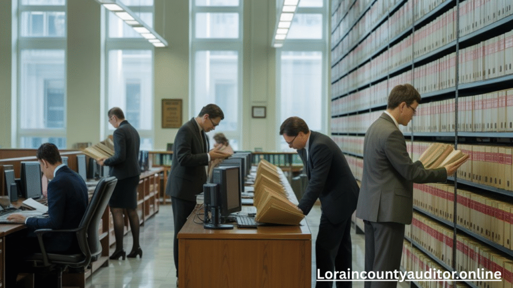 Court docket records office with people searching legal case files.